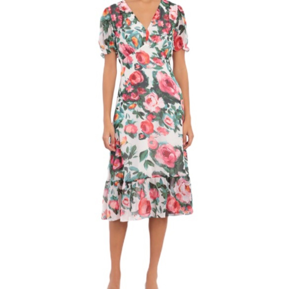 London Times Pink and Beige Rose Floral Print Puff Sleeve Empire Waist Dress
